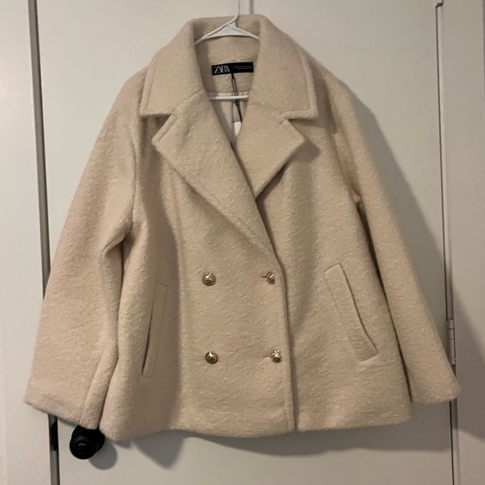 Zara Cream Teddy Jacket Oversized Notched Lapel